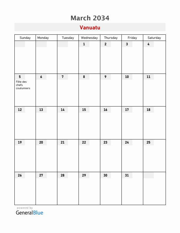 Vanuatu March 2034 Calendar with Holidays