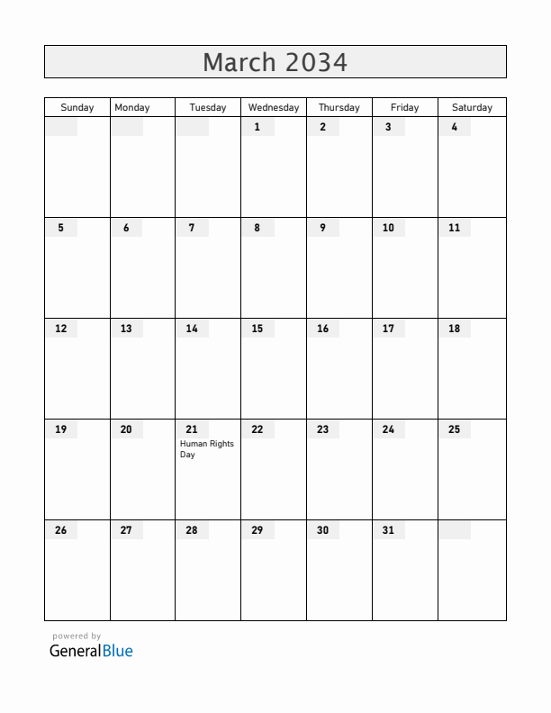 South Africa March 2034 Calendar with Holidays