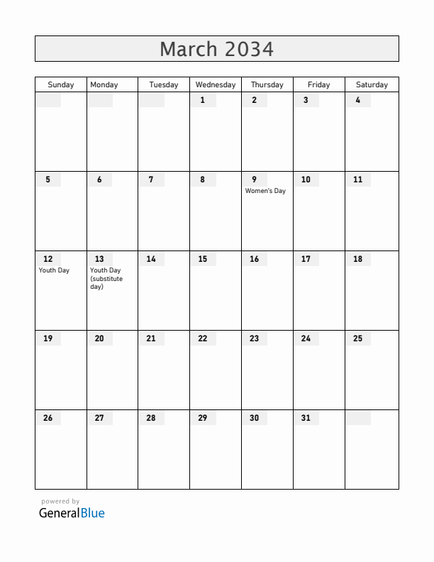 Zambia March 2034 Calendar with Holidays