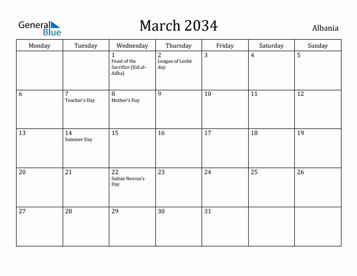 March 2034 Calendar Albania