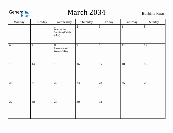 March 2034 Calendar Burkina Faso