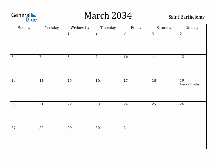 March 2034 Calendar Saint Barthelemy