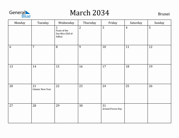 March 2034 Calendar Brunei