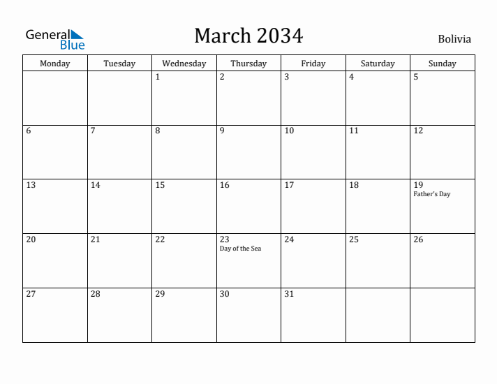 March 2034 Calendar Bolivia