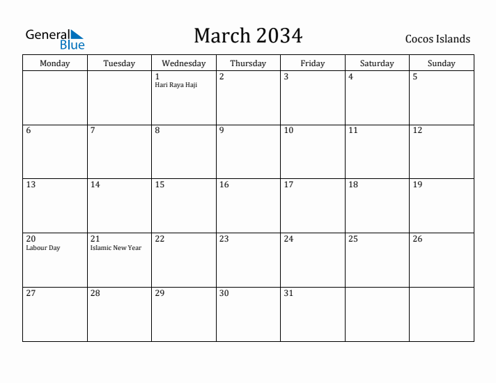 March 2034 Calendar Cocos Islands
