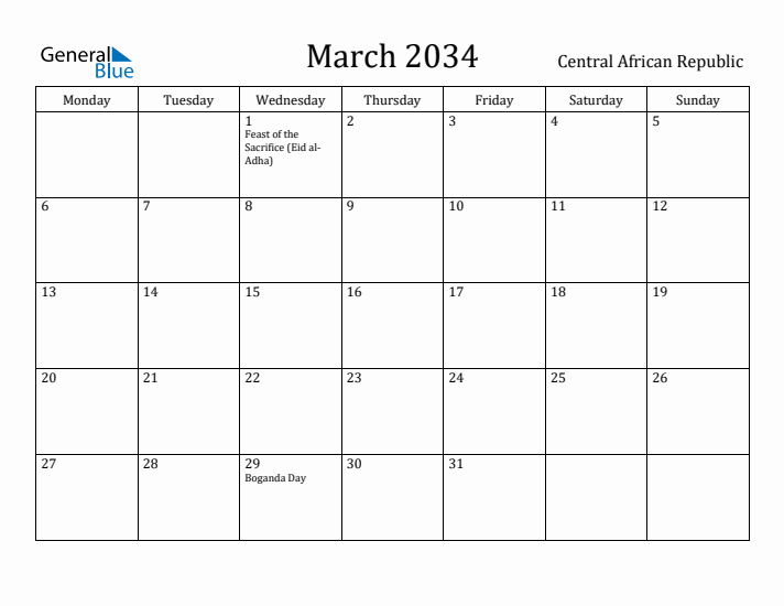 March 2034 Calendar Central African Republic