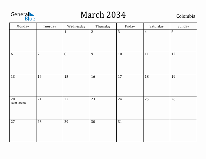 March 2034 Calendar Colombia