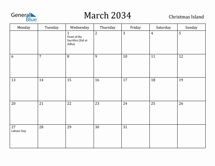 March 2034 Calendar Christmas Island