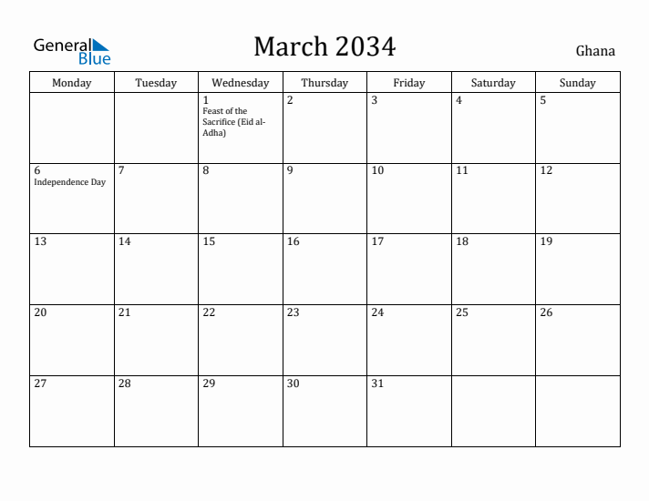 March 2034 Calendar Ghana