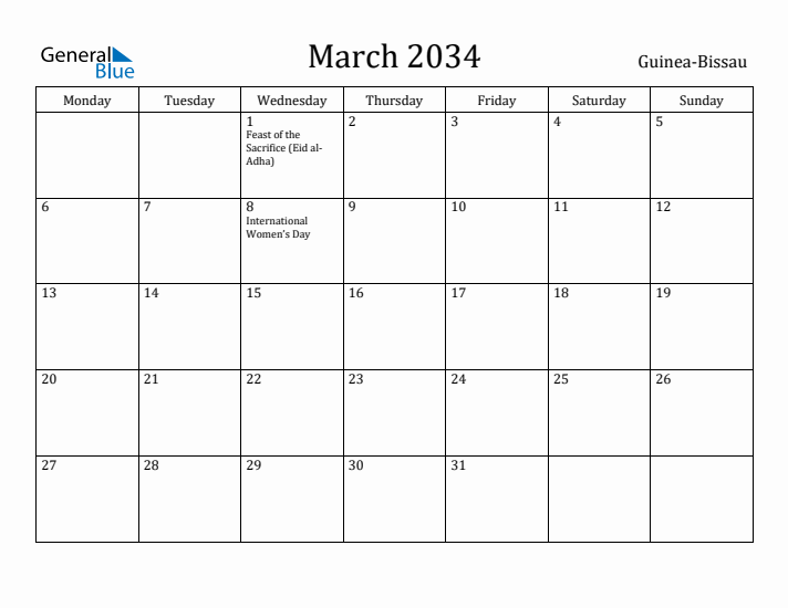 March 2034 Calendar Guinea-Bissau