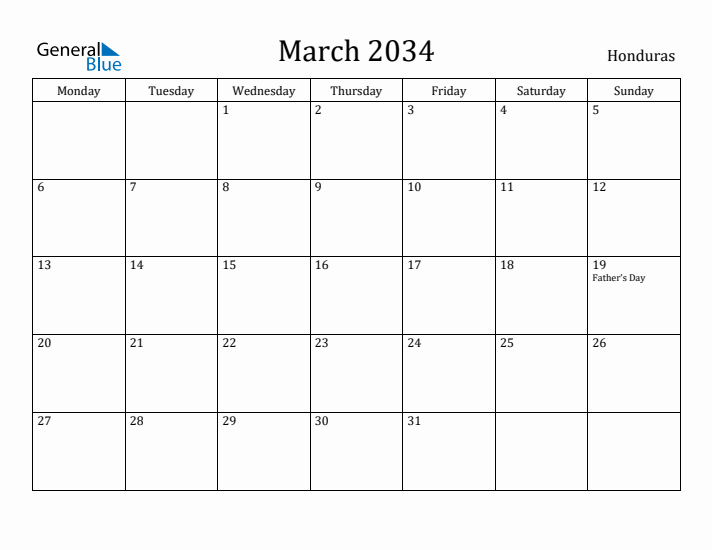 March 2034 Calendar Honduras