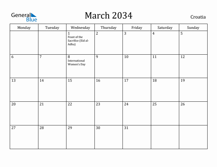 March 2034 Calendar Croatia