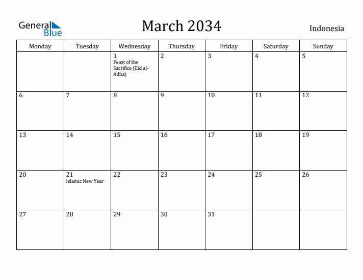 March 2034 Calendar Indonesia