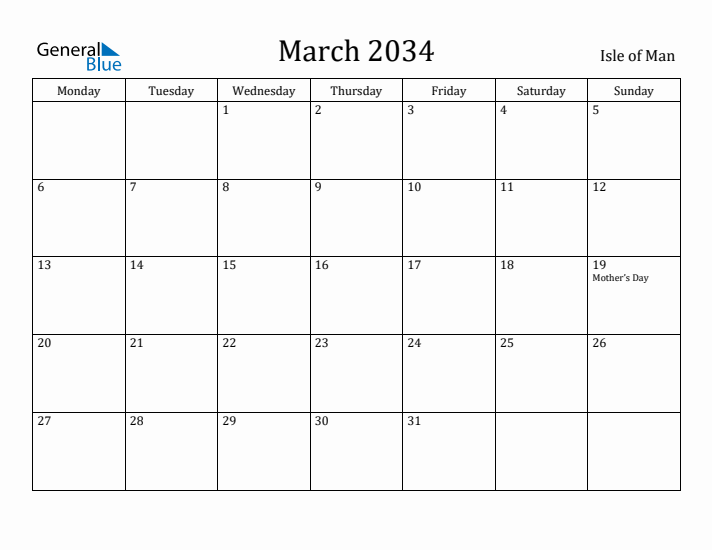 March 2034 Calendar Isle of Man
