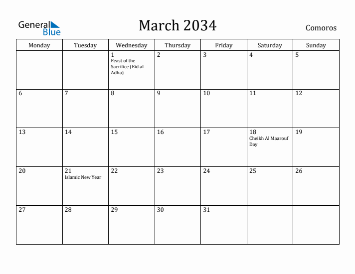 March 2034 Calendar Comoros