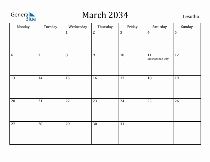 March 2034 Calendar Lesotho