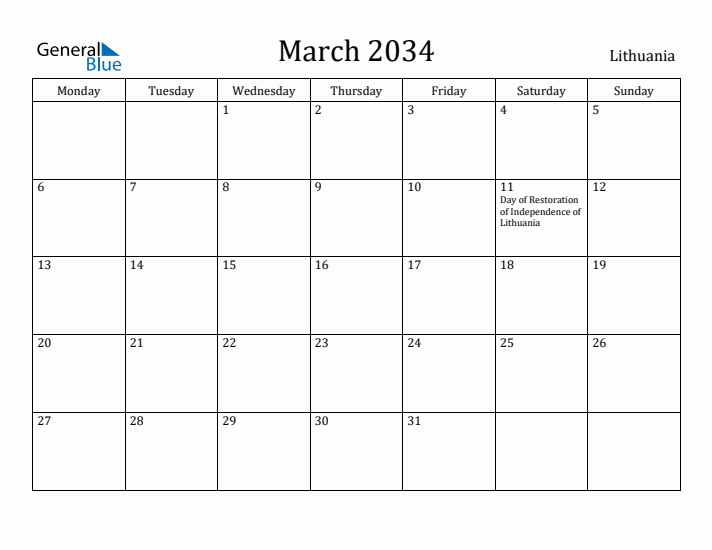 March 2034 Calendar Lithuania