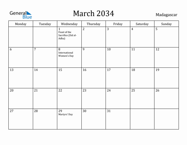 March 2034 Calendar Madagascar