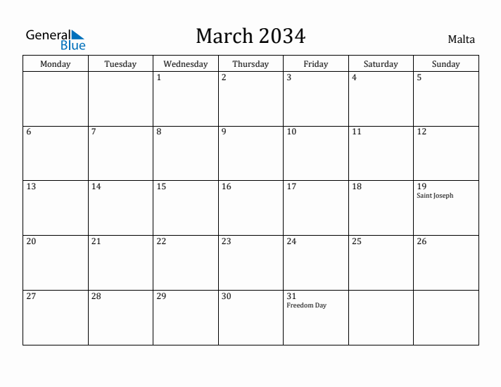 March 2034 Calendar Malta