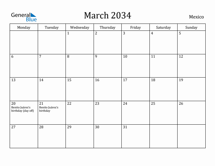 March 2034 Calendar Mexico