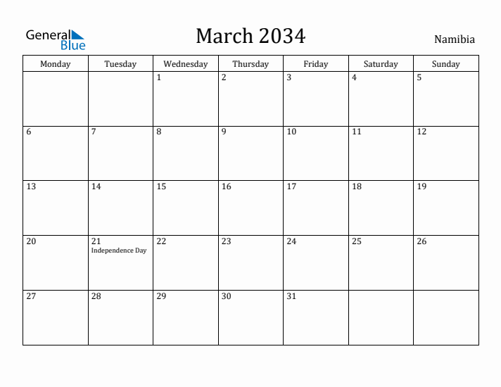 March 2034 Calendar Namibia