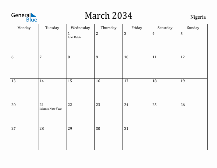 March 2034 Calendar Nigeria