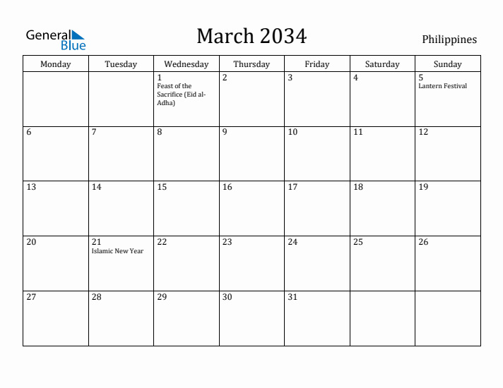 March 2034 Calendar Philippines