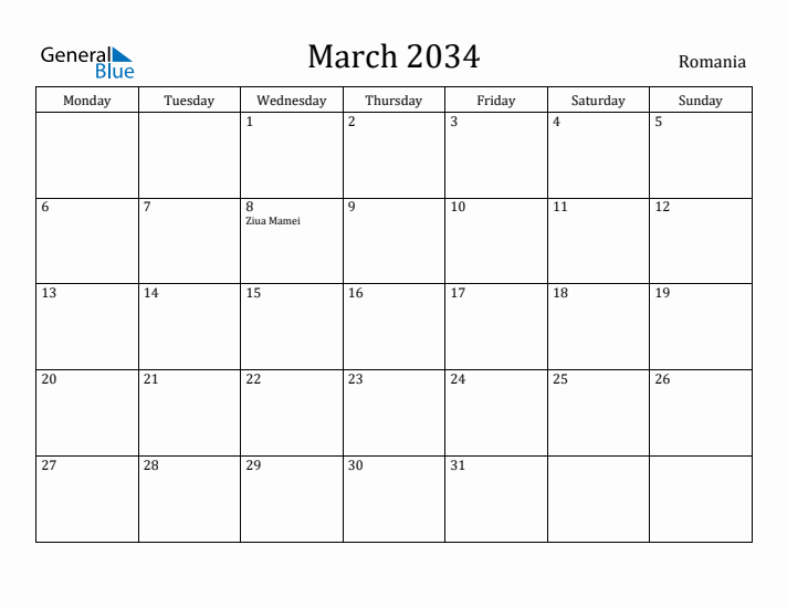 March 2034 Calendar Romania