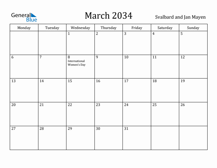 March 2034 Calendar Svalbard and Jan Mayen