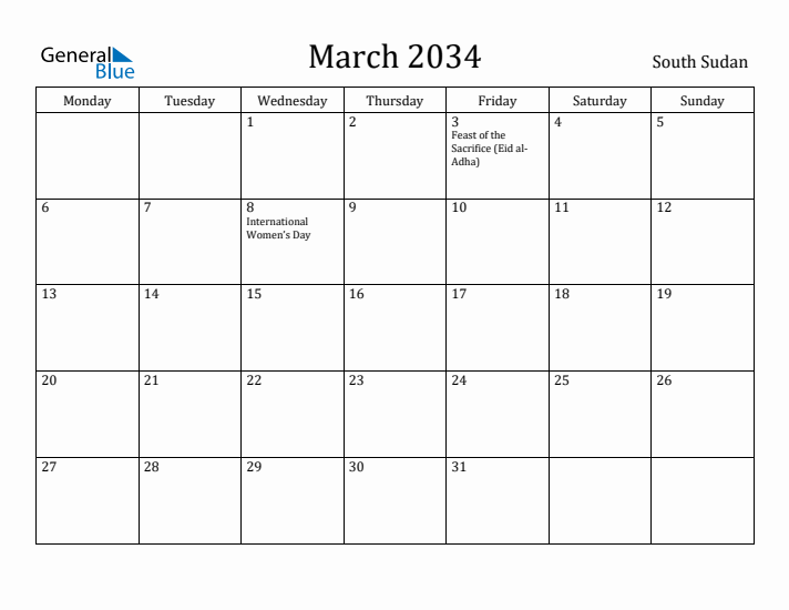 March 2034 Calendar South Sudan