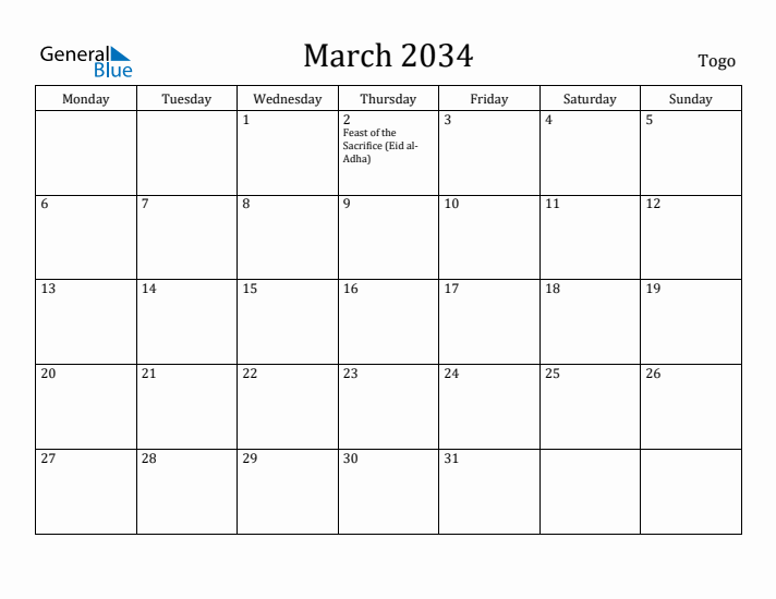 March 2034 Calendar Togo