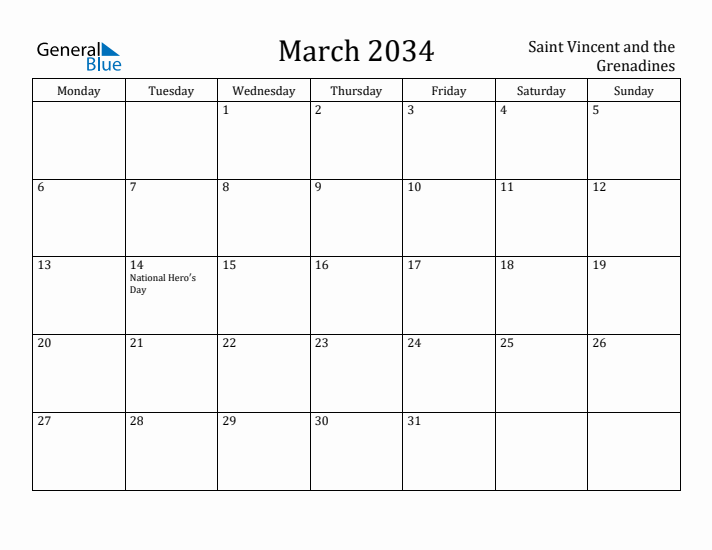 March 2034 Calendar Saint Vincent and the Grenadines