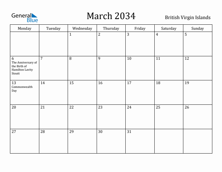 March 2034 Calendar British Virgin Islands