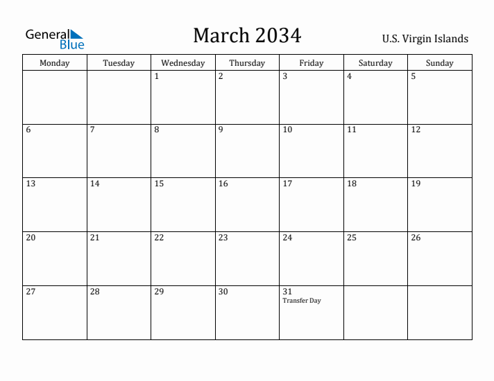 March 2034 Calendar U.S. Virgin Islands