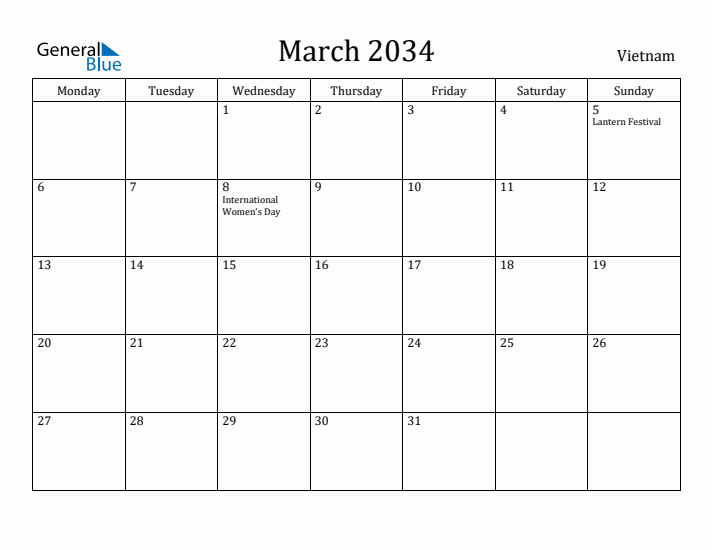 March 2034 Calendar Vietnam