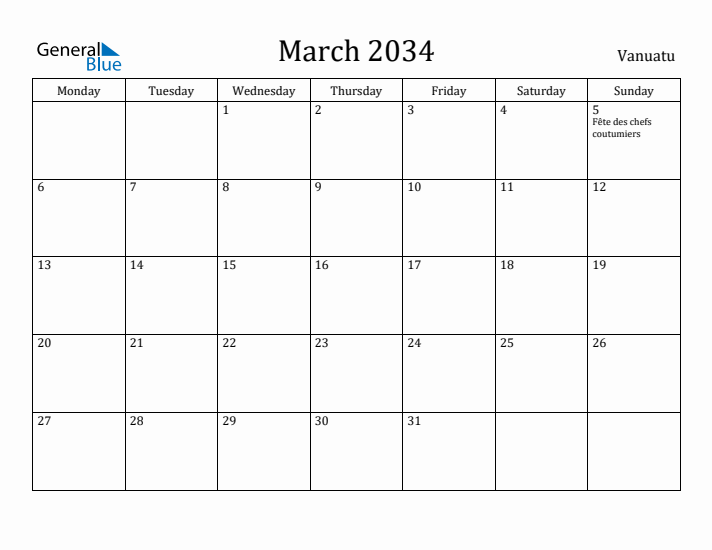 March 2034 Calendar Vanuatu