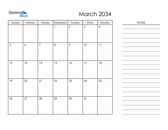 Printable Monthly Calendar with Notes - March 2034