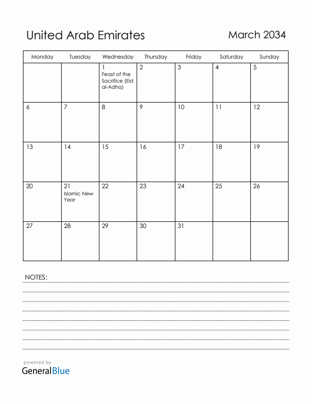 March 2034 United Arab Emirates Calendar with Holidays (Monday Start)
