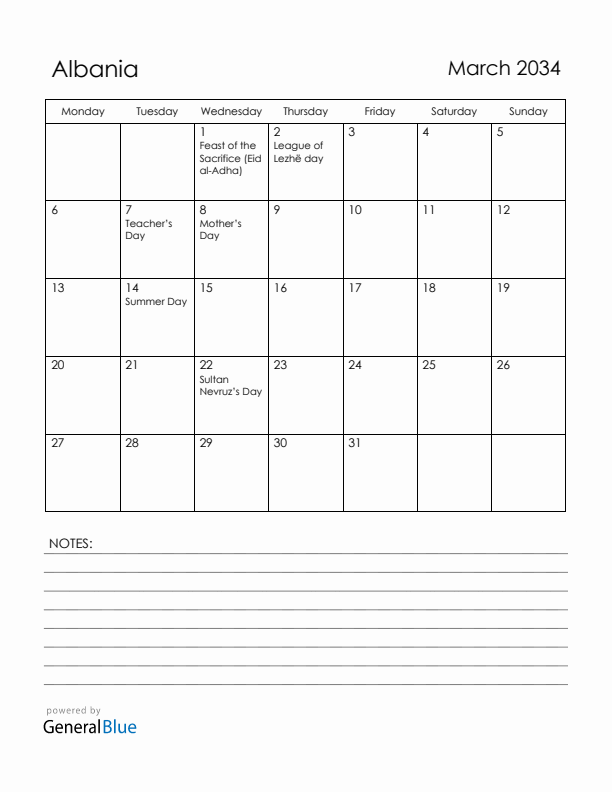 March 2034 Albania Calendar with Holidays (Monday Start)