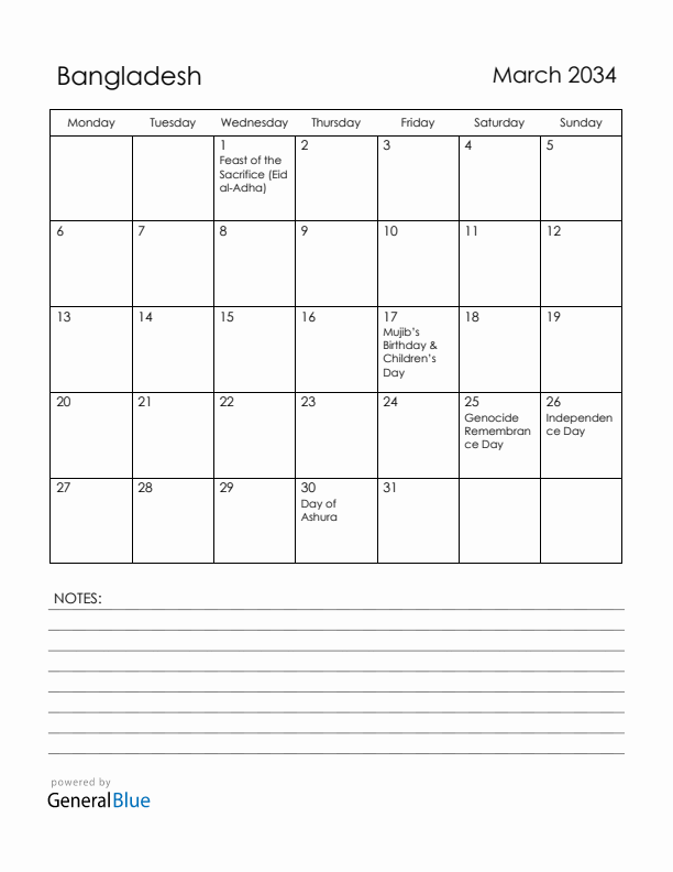 March 2034 Bangladesh Calendar with Holidays (Monday Start)