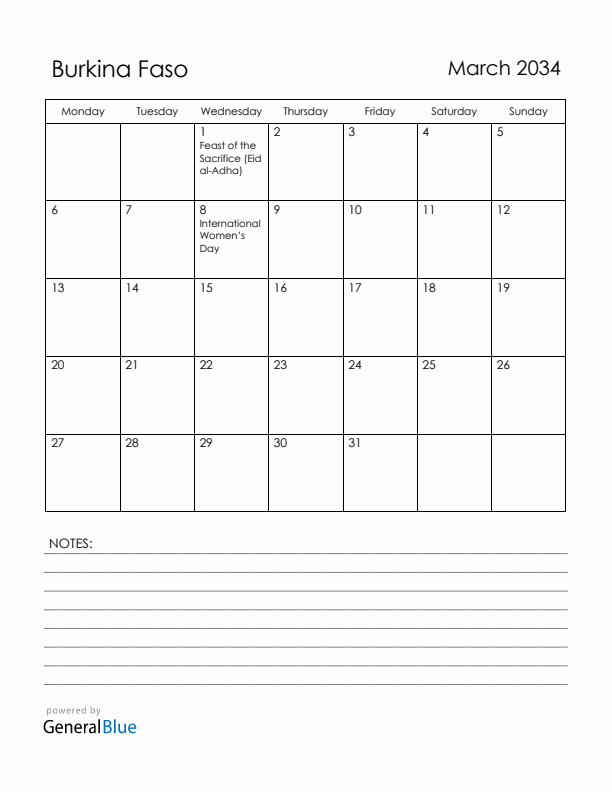 March 2034 Burkina Faso Calendar with Holidays (Monday Start)