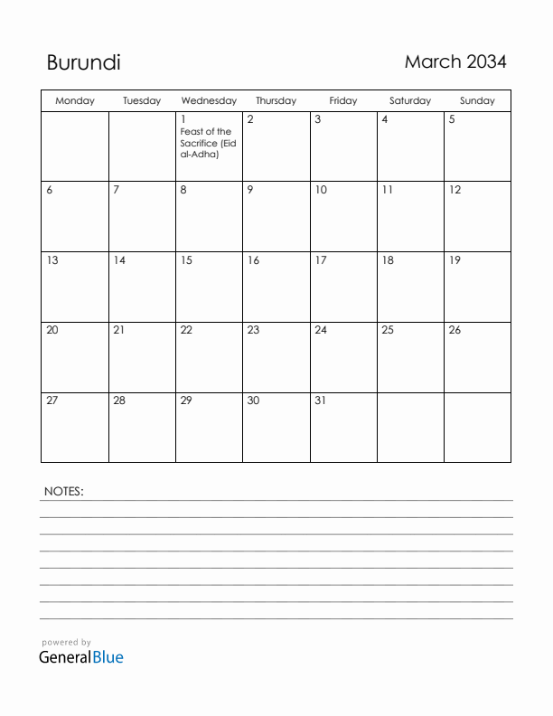 March 2034 Burundi Calendar with Holidays (Monday Start)