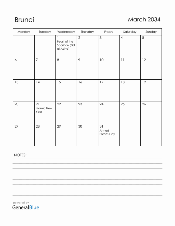 March 2034 Brunei Calendar with Holidays (Monday Start)