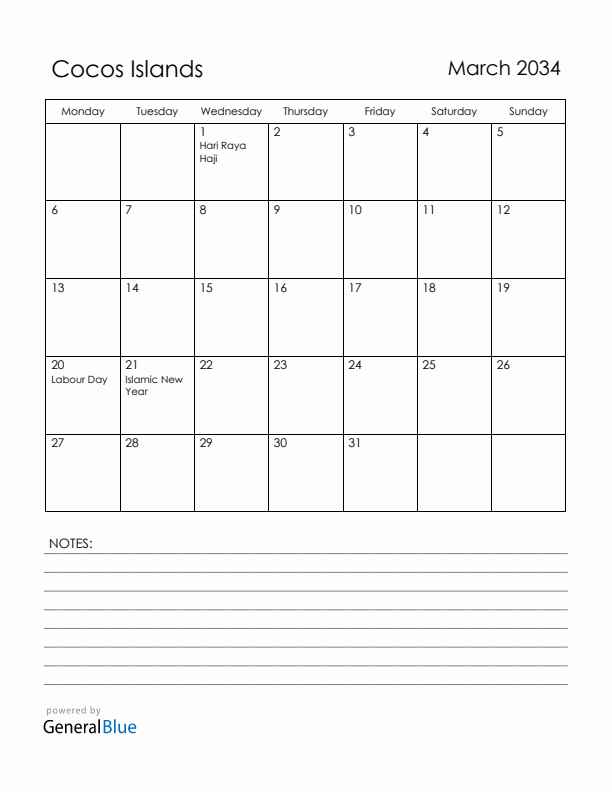March 2034 Cocos Islands Calendar with Holidays (Monday Start)