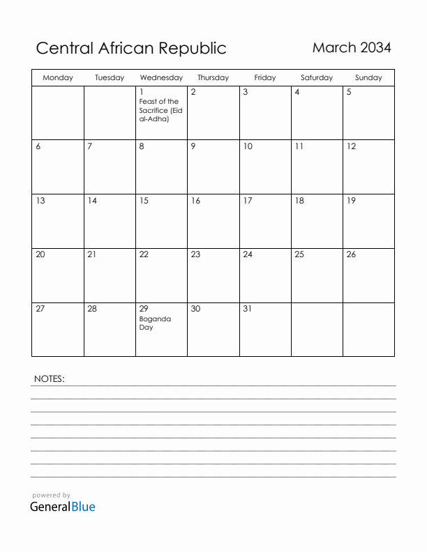 March 2034 Central African Republic Calendar with Holidays (Monday Start)