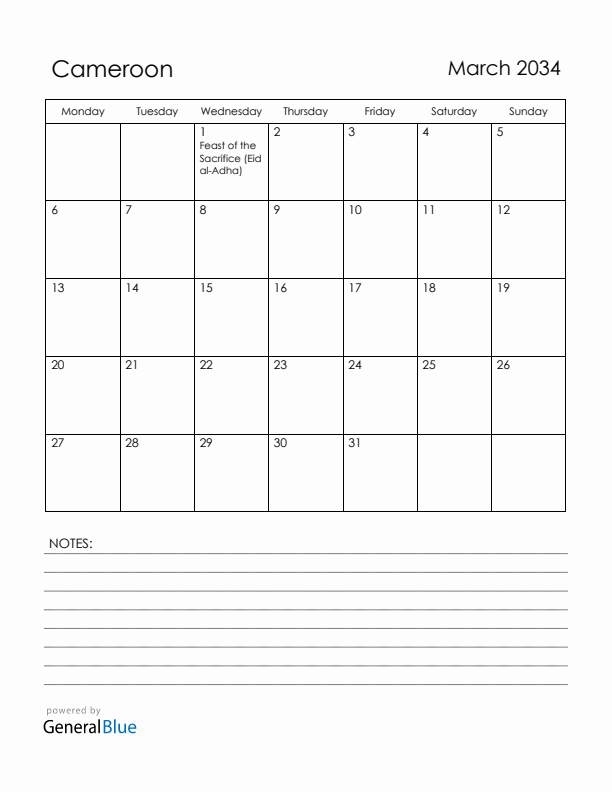 March 2034 Cameroon Calendar with Holidays (Monday Start)