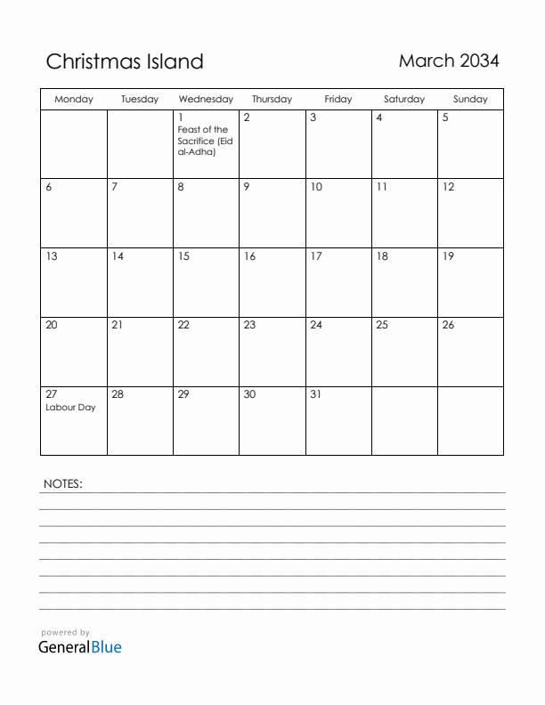March 2034 Christmas Island Calendar with Holidays (Monday Start)