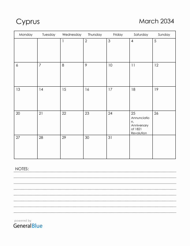March 2034 Cyprus Calendar with Holidays (Monday Start)