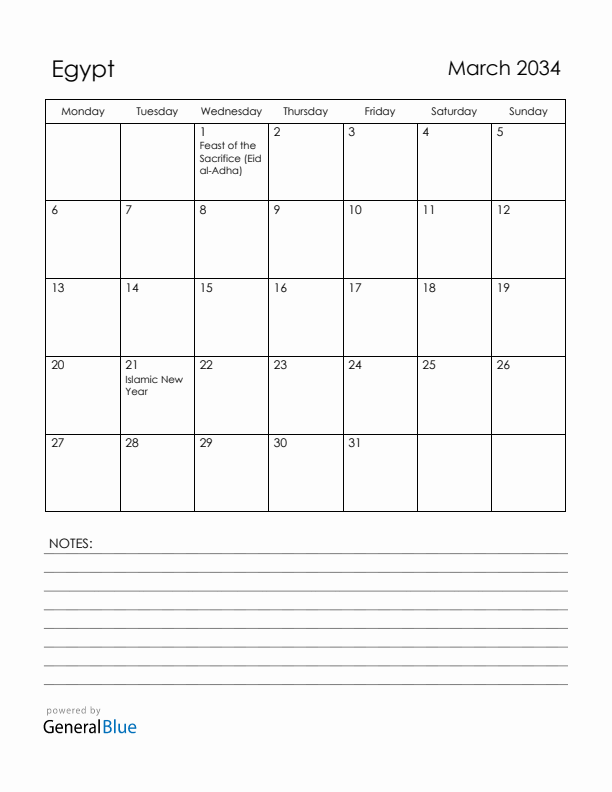 March 2034 Egypt Calendar with Holidays (Monday Start)