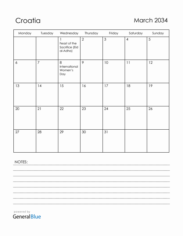 March 2034 Croatia Calendar with Holidays (Monday Start)